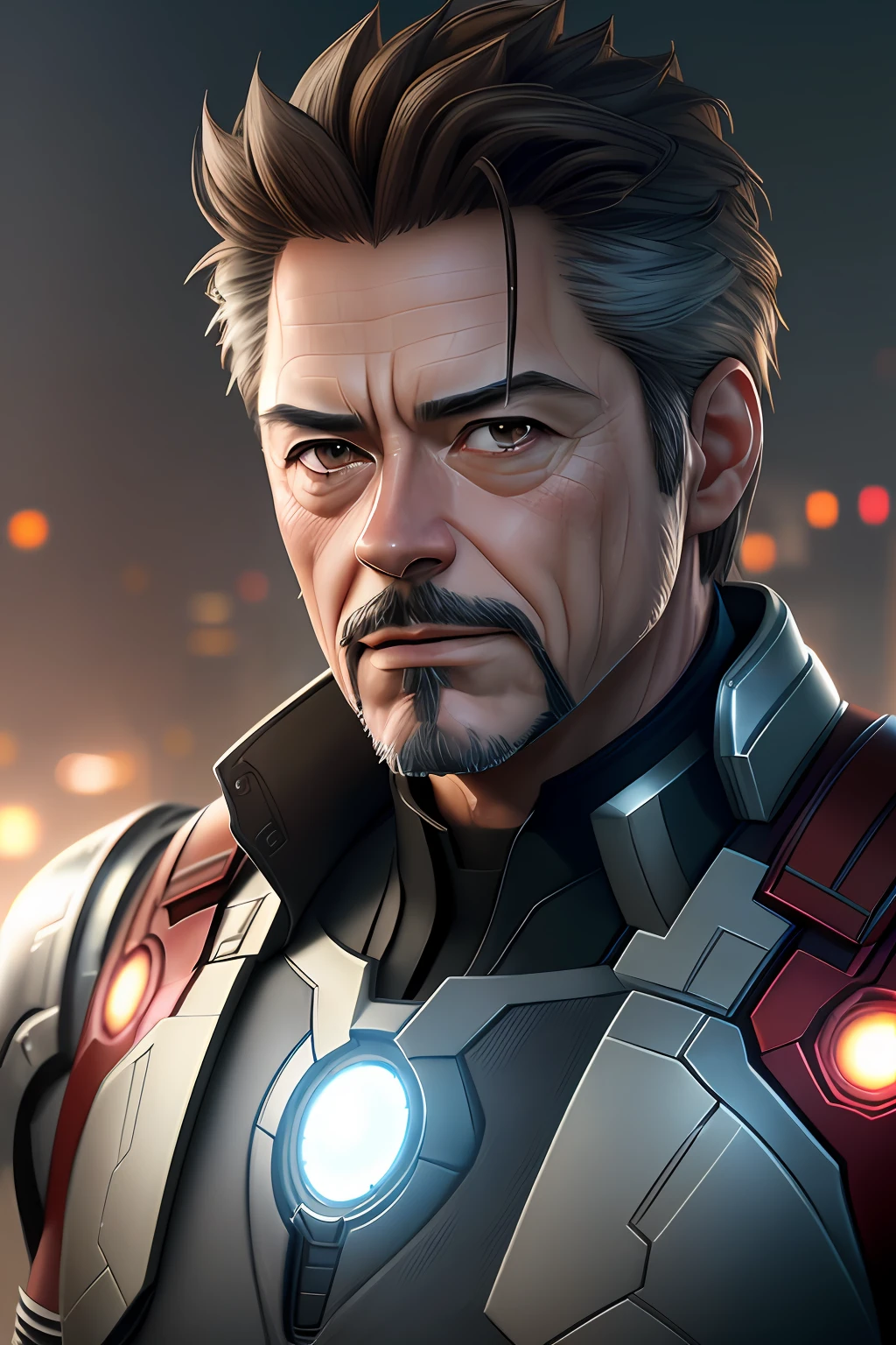 Marvel, Old man Tony Stark, realistically, dynamic lights, old, gray stubble, full shoot, (extremely detailed CG unity 8k wallpaper), trending on ArtStation, trending on CGSociety, High Detail, Sharp focus, dramatic, photorealistic