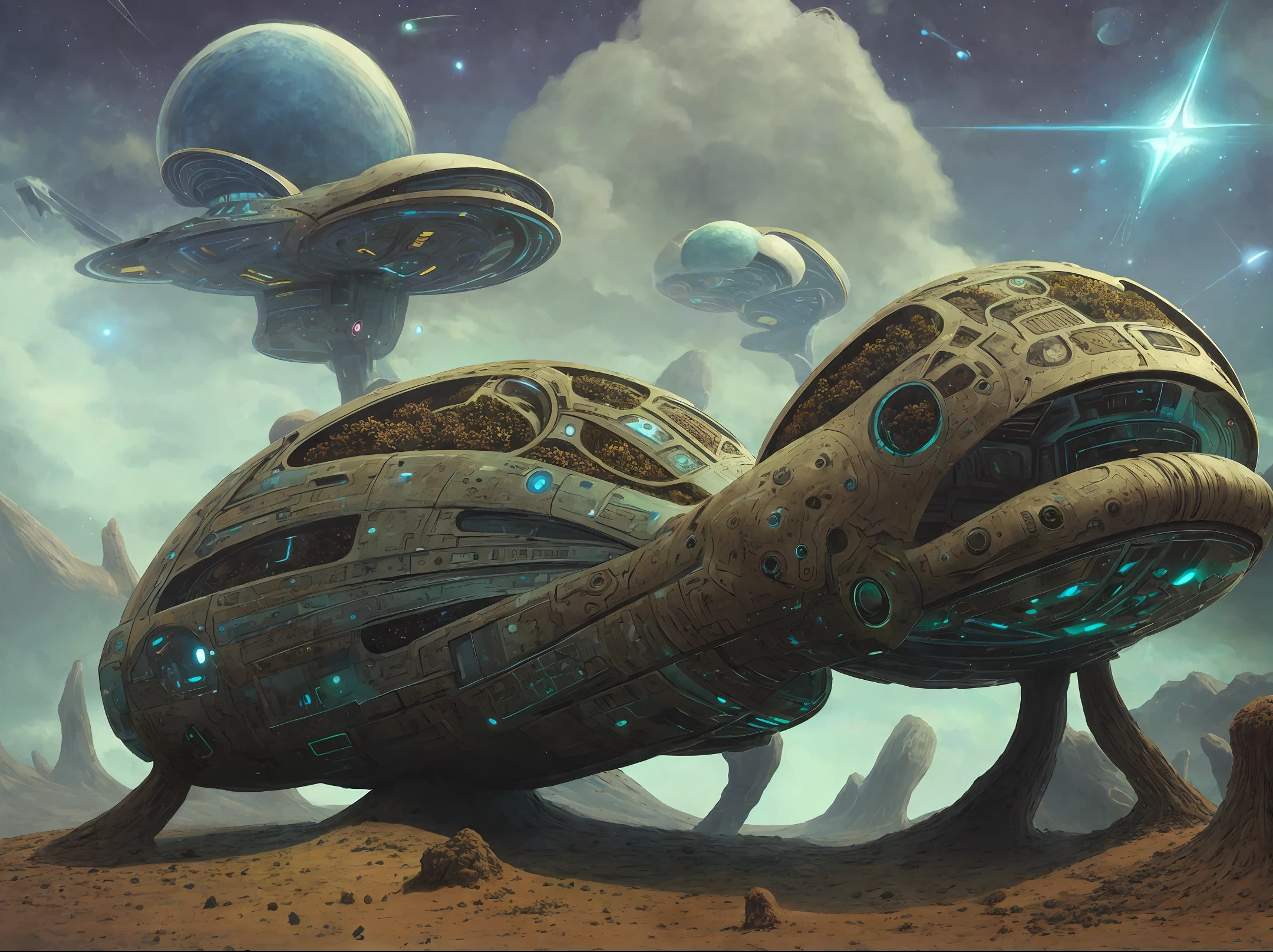 Spacehip shaped anthill, futuristic, 3d, fantasy, glow