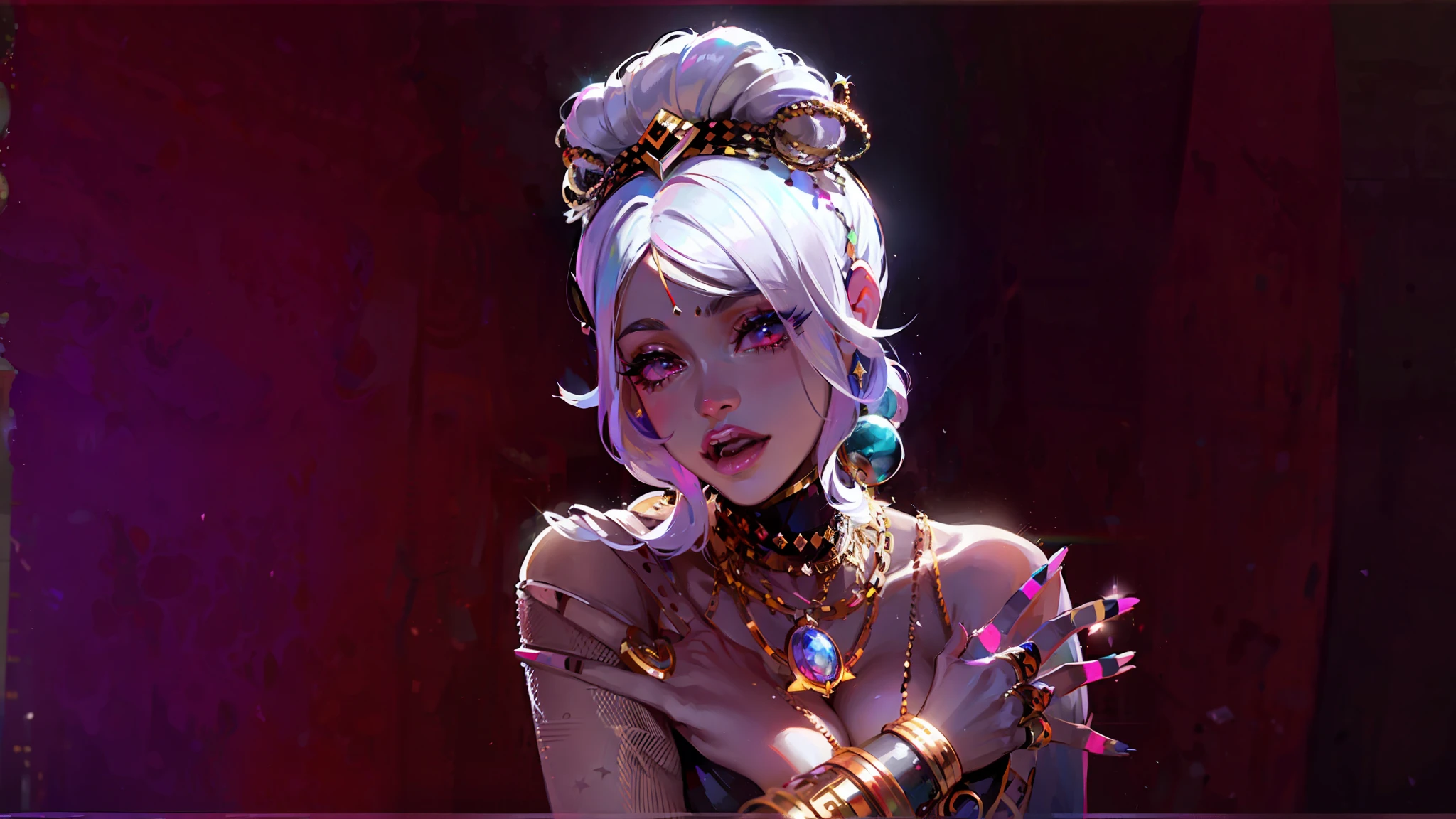 lady in a silver dress with a large necklace and a necklace, cardi b, patron saint of 🛸🌈👩🏾, ava max, doja cat, nicki minaj, nicki minaj curvy, icy, music video, kda, wig, doja cat as cat woman, the super hot and , still from a music video, official music video, ice queen