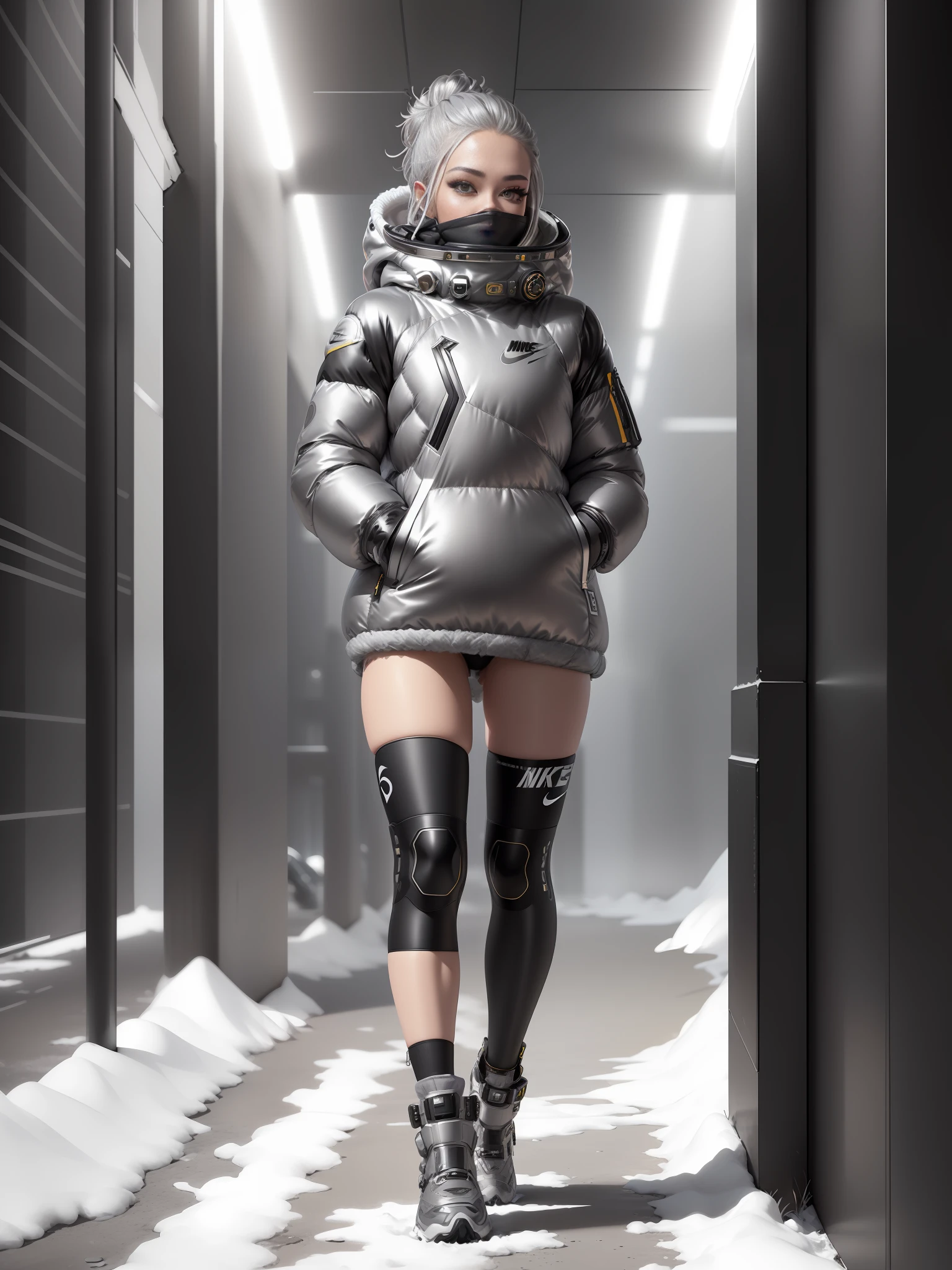 A stylish single person full of bubbles fluffy feeling of spring and autumn down jacket design space background lattice texture Cyberpunk ((silver gray black :1.3)+(fashion:1.1)+(trendy:1.2)),(nike logo),(corona rendering),((space winter down jacket concept + concept art design):1.3),(8K:1.3),(2:3 aspect ratio + warm color Q2),(750 pixels),((fashion elements):(1.1+ Spring and autumn down jacket blends with fashion elements)), (dynamic: 5) yellow embellishment