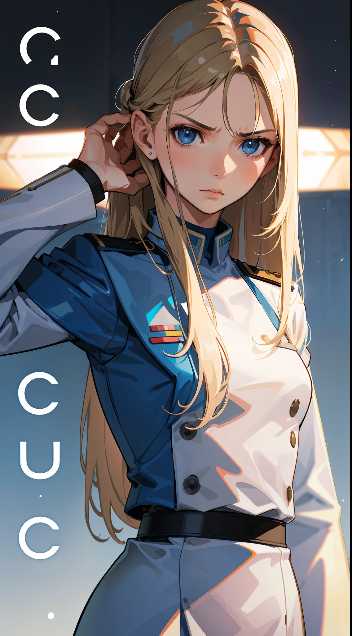Trailer Cover,Realistic,White Air Force Uniform,(Realistic Face Resolution),Posing Cinematic,Adult,Skinny,Small,(1 Woman with Dark Blonde Long Hair,Blue Eyes),Serious Face,Science Fiction,Sci-fi,Different Characters