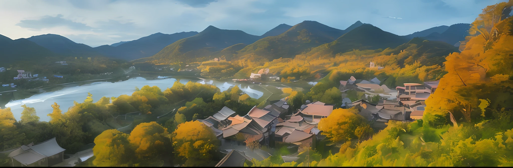 best quality, masterpiece, highres, shuimobysim, wuchangshuo, bonian, zhenbanqiao, badashanren, mountainous horizon, river, forest, village, sunset, ,