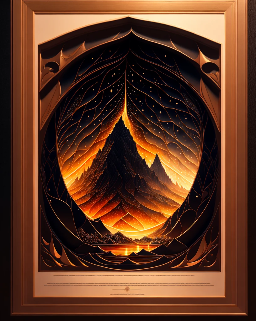 Black background, a sheet of parchment, paper filled with water and lava, intricate, masterpiece, expert, very detailed, 4k, composition, frame, center, symmetry, painting, intricate, volumetric lighting, beautiful, rich dark masterpiece, sharp focus, hyperdetail, in the style of Dan Mumford and Mark Simonetti, astrophotography