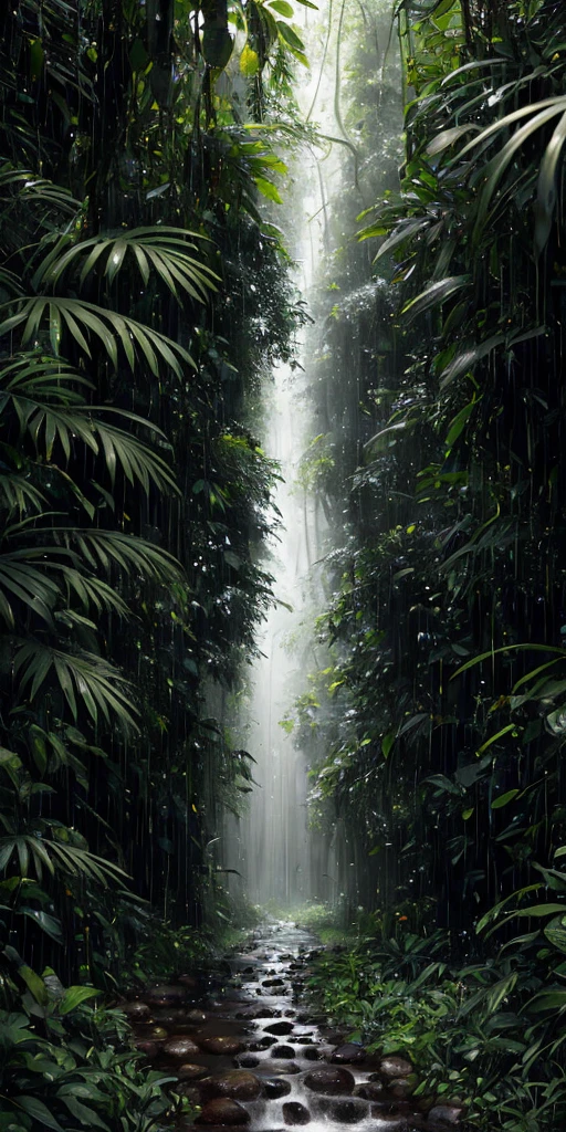 Professional photography, realistic, jungle, heavy rainfall, monochrome, vines everywhere, huge and wet trees, masterpiece, best quality, high quality, very detailed CG uniform 8k wallpaper, oil painting, award winning photography, bokeh, depth of field, HDR, bloom, chromatic aberration, realism, very detailed, trends on artstation, CGsoc, intricacies, high detail, dramatic, midjourney art, volumetric lighting