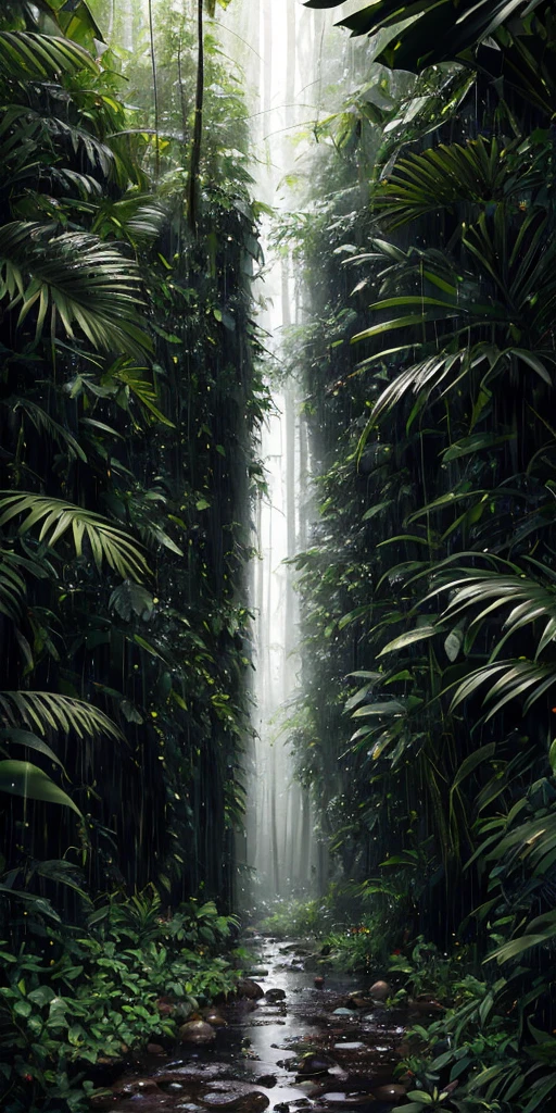 Professional photography, realistic, jungle, heavy rainfall, monochrome, vines everywhere, huge and wet trees, masterpiece, best quality, high quality, very detailed CG uniform 8k wallpaper, oil painting, award winning photography, bokeh, depth of field, HDR, bloom, chromatic aberration, realism, very detailed, trends on artstation, CGs, intricacies, high detail, dramatic, midjourney art, volumetric lighting