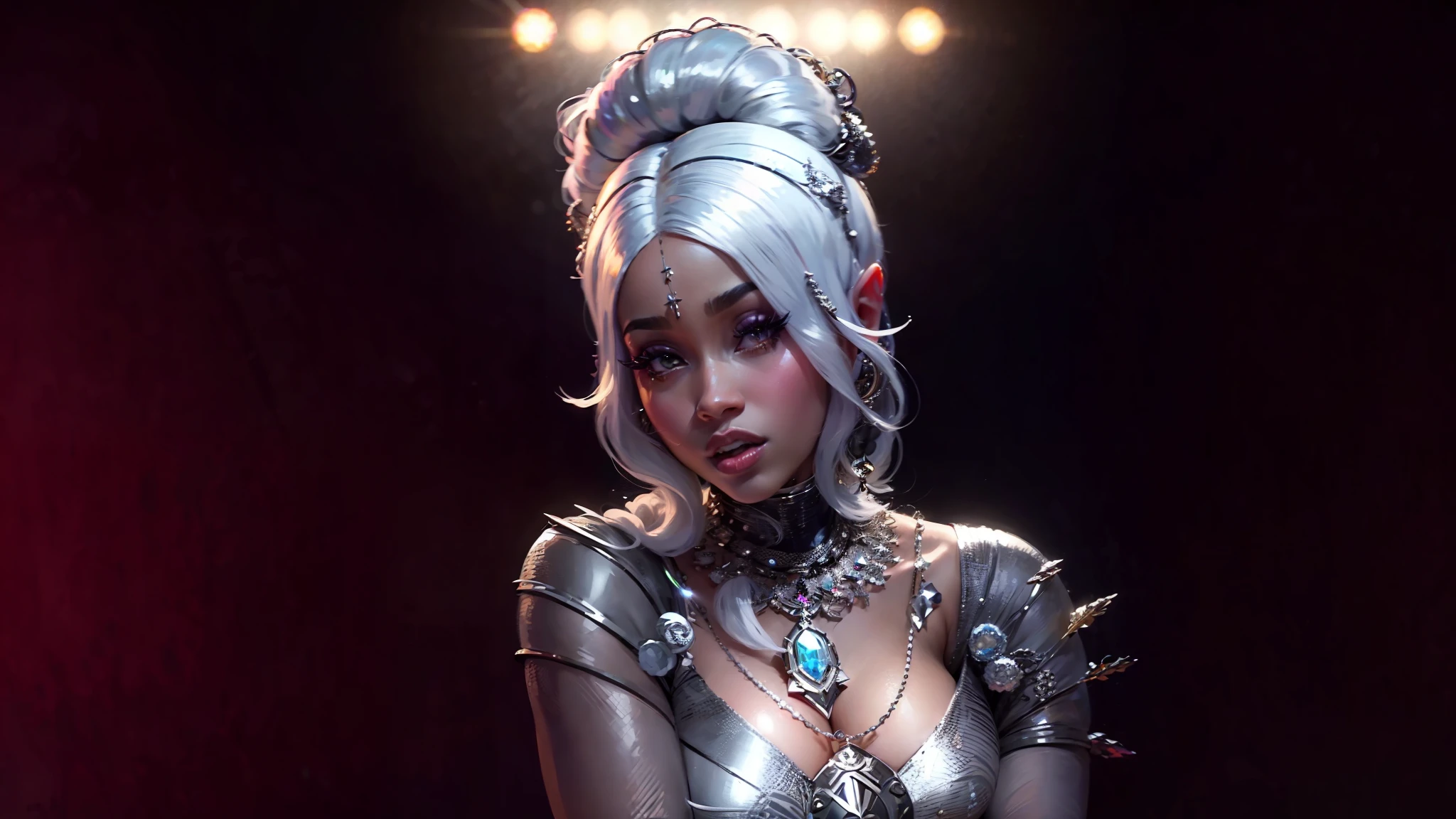 lady in a silver dress with a large necklace and a necklace, cardi b, patron saint of 🛸🌈👩🏾, ava max, doja cat, nicki minaj, nicki minaj curvy, icy, music video, kda, wig, doja cat as cat woman, the super hot and sexy, still from a music video, official music video, ice queen