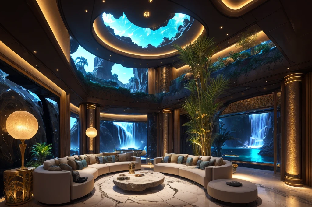 incredible luxurious futuristic living room interior in Ancient Egyptian style with many lush plants (lotus flowers:1.5, palm trees:2, rocky walls, sand:1.5, waterfalls:1.1), marble, precious minerals: 2, metals, gemstones, crystals, clouds and (water:1.6), (curvy futuristic furniture), crocodiles, hieroglyphics:1.5, ultra luxury:2, black marble – with beautiful lights:1.5, Unreal Engine, HQ, 16k