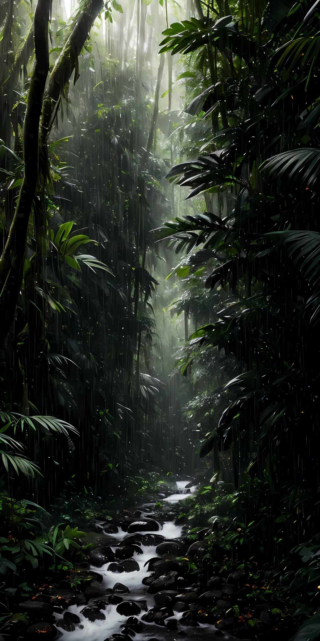 Professional photography, realistic, dense jungle, heavy rainfall, monochrome, vines everywhere, huge and wet trees, masterpiece, best quality, high quality, very detailed CG uniform 8k wallpaper, oil painting, award winning photography, bokeh, depth of field, HDR, bloom, chromatic aberration, realism, very detailed, intricate, high detail, dramatic, midjourney art, volumetric lighting