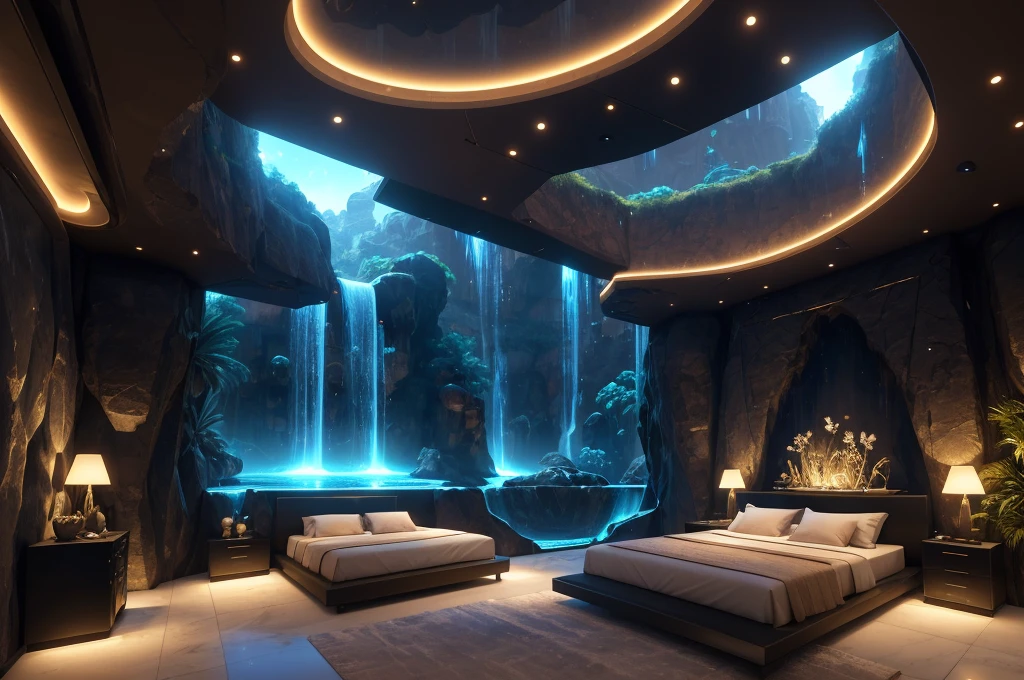 incredible luxurious futuristic bedroom interior in Ancient Egyptian style with many lush plants (lotus flowers:1.5, palm trees:2, rocky walls, sand:1.5, waterfalls:1.1), marble, precious minerals: 2, metals, gemstones, crystals, clouds and (water:1.6), (curvy futuristic furniture), crocodiles, hieroglyphics:1.5, ultra luxury:2, black marble – with beautiful lights:1.5, Unreal Engine, HQ, 16k