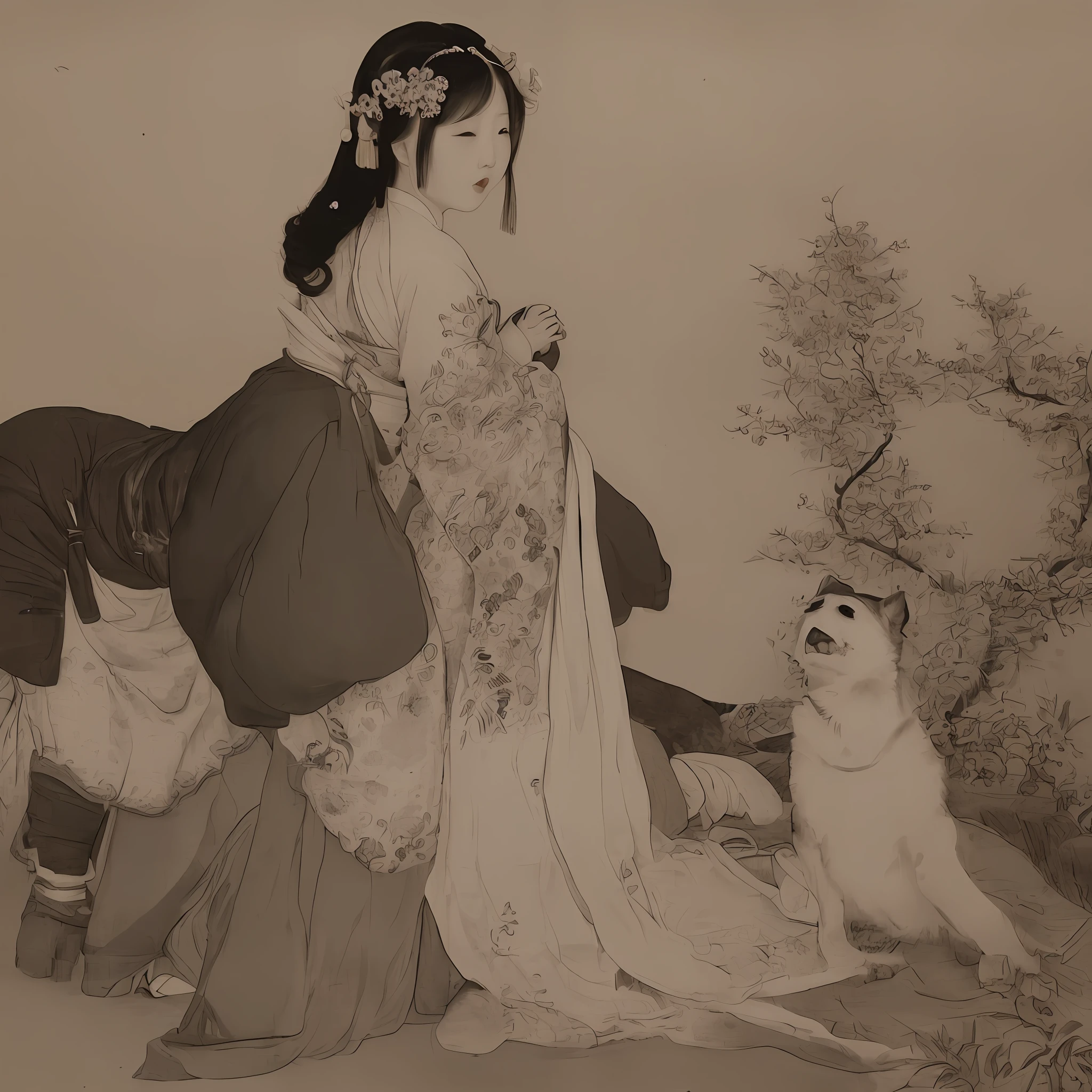 There was a person who liked her beauty and paid a lot of money to buy her as a concubine. That day, when she was dressed up and about to get into the car, her family dog suddenly stood up like a human and howled angrily, holding her face with two front paws and biting her fiercely, her nose was bitten and blinded one eye. Traditional chinese painting