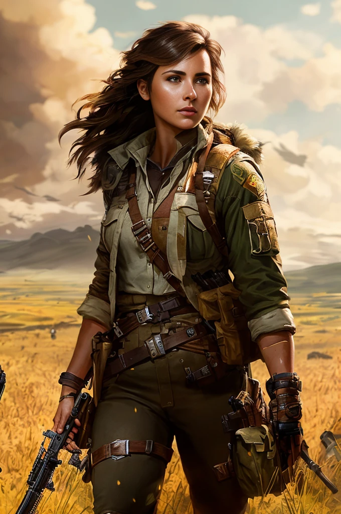 araffe woman in military gear holding a gun in a field, portrait of a female ranger, wojtek fus, solo female character, portrait of lara croft, postapocalyptic explorer, female lead character, amazing 8k character concept art, stunning character art, alexandra fomina artstation, full - body portrait of a ranger, loba andrade from apex legends