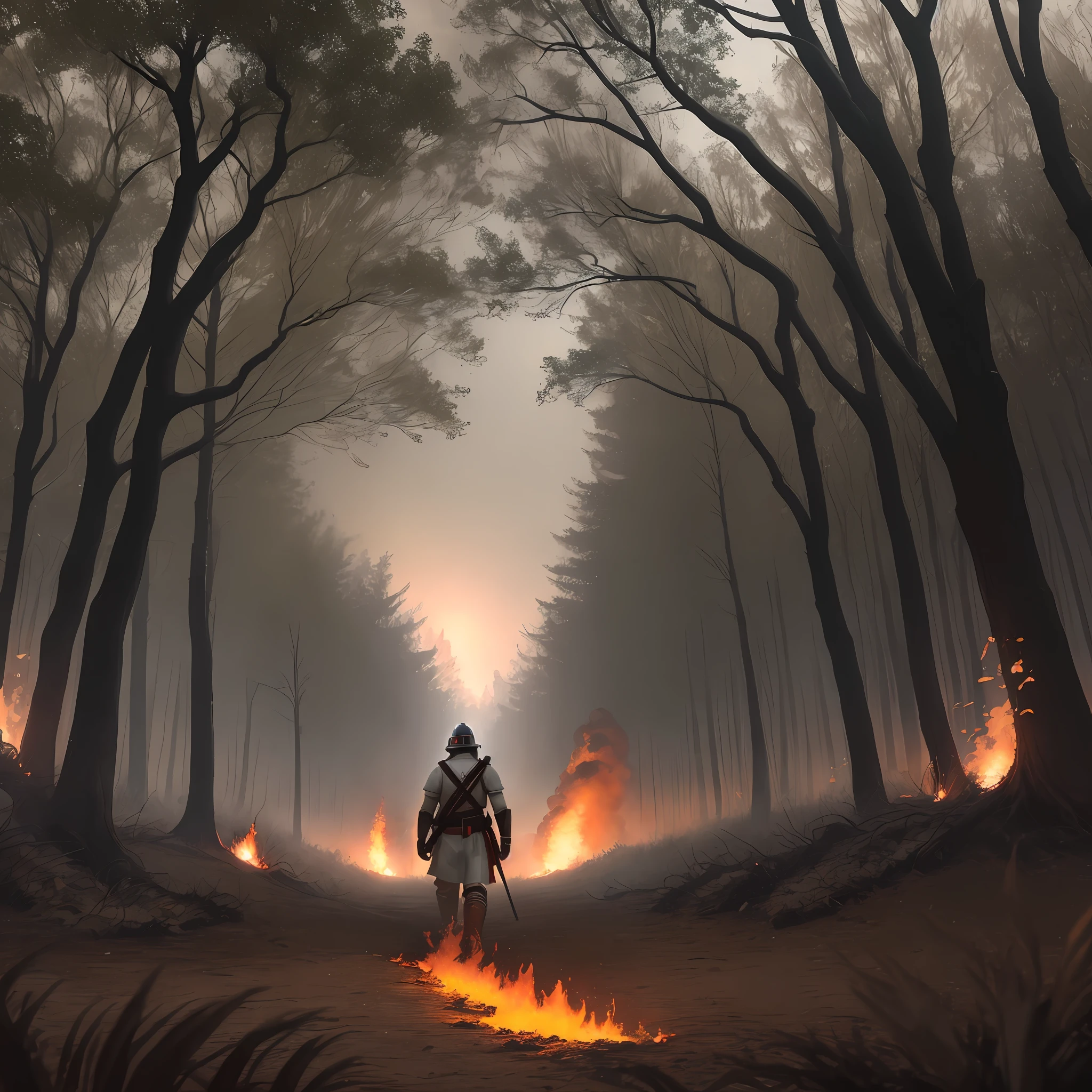 empire soldier facing forwards, shellshocked, trees on fire, smoke in background, bodies strewn around background