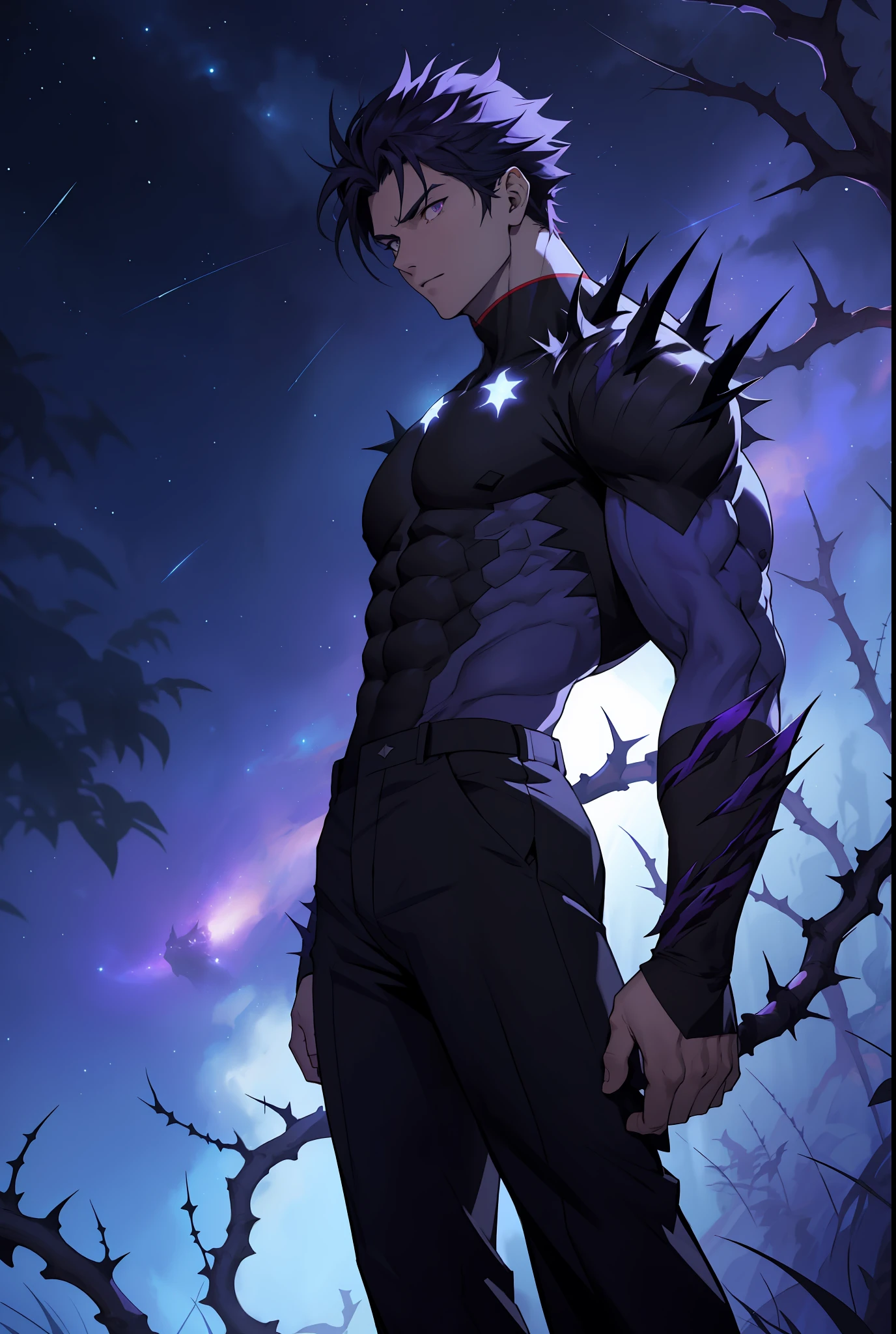 "Drawing of a male character floating in the universe, shirtless, with black pants and giant thorns, like the bright purple godzila thorns on his back, in an anime style. The eyes are dark blue, and the background features many stars and blue lighting."