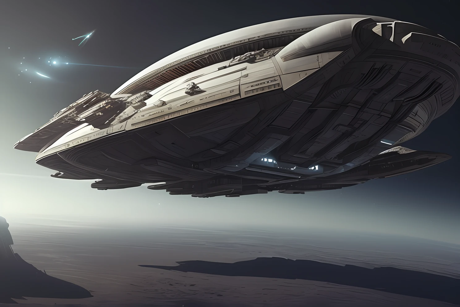 big main spaceship, alien technology, science fiction, over earth, dark style, photorealistic, 4k