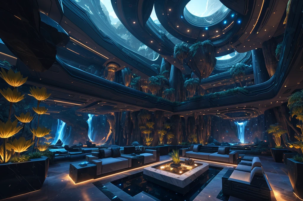 incredible luxurious futuristic interior in Ancient Egyptian style with many lush plants (lotus flowers:1.5, palm trees:2, rocky walls, sand:1.5, waterfalls:1.1), marble, precious minerals: 2, metals, gemstones, crystals, clouds and (water:1.6), ((curvy futuristic furniture)), crocodiles, hieroglyphics:1.5, ultra luxury:2, black marble – with beautiful lights:1.5, Unreal Engine, HQ, 16k