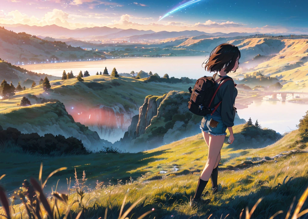 (beautiful and magnificent skyline, majestic sky), (extremely tense and dramatic pictures, moving visual effects), (high hanging Polaris, colorful natural light), (1girl), (long-sleeved top, denim shorts, carrying a backpack), (dynamic pose:1.3, black eyes, black hime-cut hair, sparkling girl)[:0.8], (large grassland), (oncoming breeze), (brown hair and background Coordination effect: 1.2), (close shot, long shot mix and match)[::0.9]