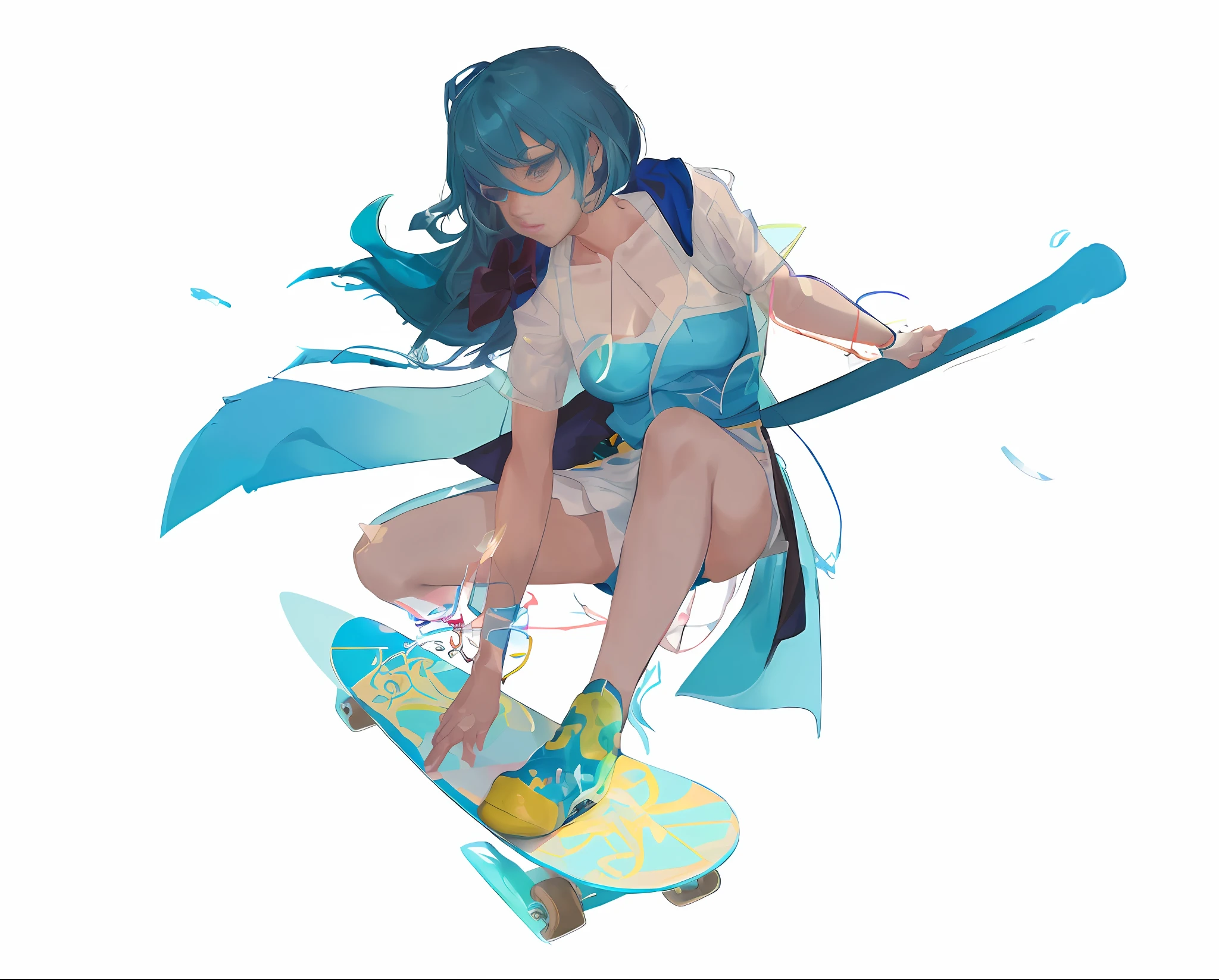 anime girl on a skateboard with a blue dress and a blue cape, artgerm and atey ghailan, oc commission, commission for high res, asuka as a surfer model, inspired by Lois van Baarle, lois van baarle and rossdraws, fullbody commission for, in the style of ross tran
