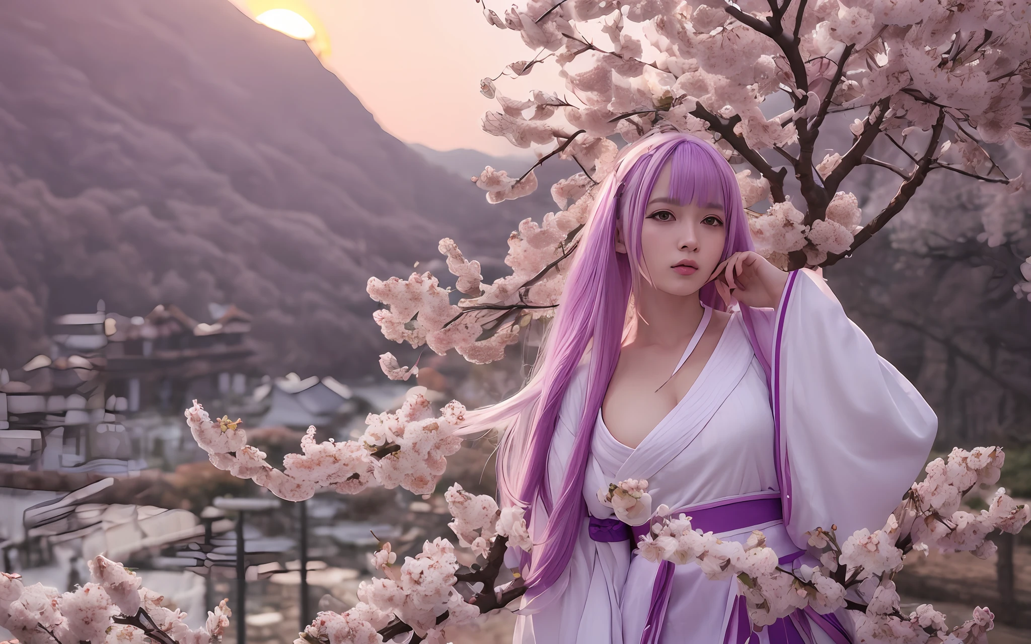 RaidenShogun, detailed clothes, white clothes, blunt bangs, braid, (medium breasts:1.4), cleavage, wide-sleeved kimono, hair ornament, white japanese clothes, (red obi:1.4), (light purple hair:1.4), very long hair, straight hair, detailed face, cool face, (smooth chin:0.85), looking at viewer, beautiful eyes, detailed eyes, skirt, (sunset:1.4), from side, (Cherry tree:1.5),photon mapping, physically-based rendering, RAW photo, highly detailed background, (photo realistic:1.35), high res, perspective, facing front,(ulzzang-6500:0.4)