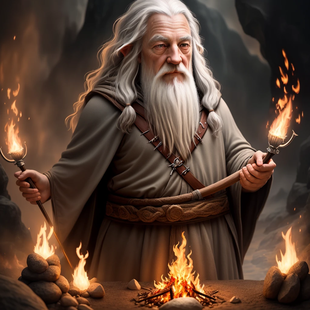 cinematic shot of Gandalf cute realistic, surrounded by fire, seamless, epic, cinematic, intricate details, award-winning, great lighting, shading, high quality, detailed