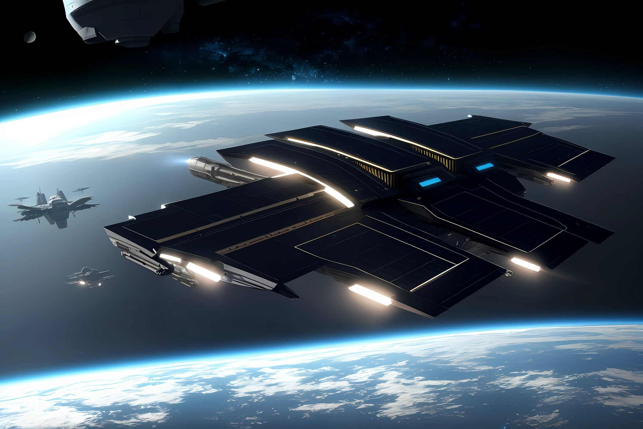 big main spaceship, alien technology, science fiction, over earth, dark style, photorealistic, 4k