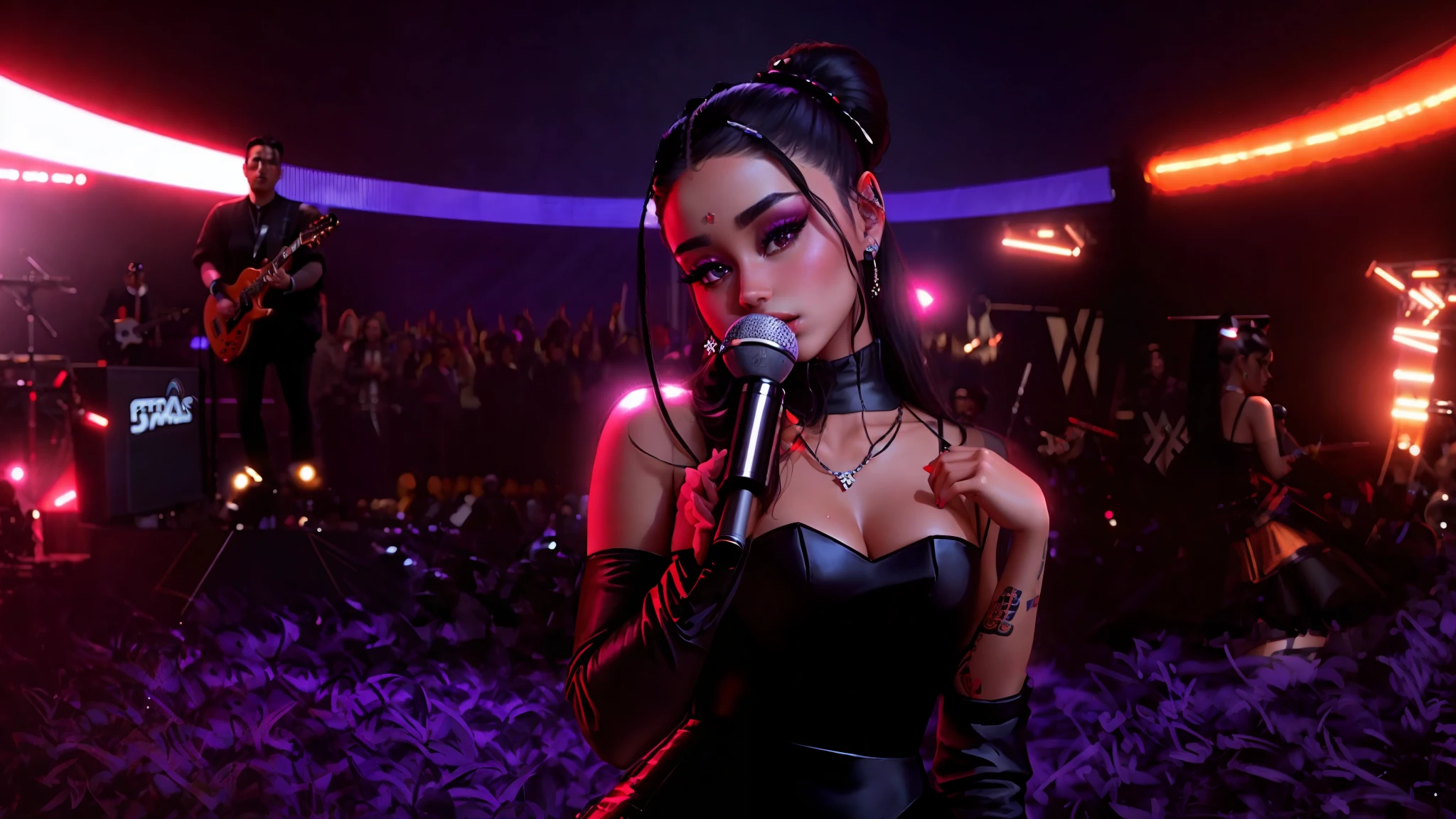 araffe woman in a black dress holding a microphone in front of a band, ariana grande in star wars, soft devil queen madison beer, ariana grande, still from a music video, bella poarch, ariana grande in gta v, youtube video screenshot, performing a music video, music video, ariana grande as a sith, looks a blend of grimes, tyler