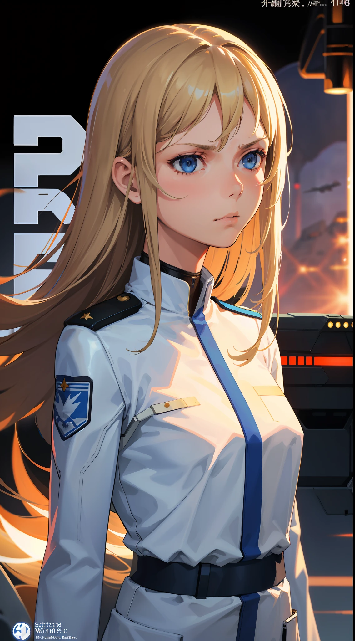 Trailer Cover,Realistic,White Air Force Uniform,(Realistic Face Resolution),Posing Cinematic,Adult,Skinny,Small,(1 Woman with Dark Blonde Long Hair,Blue Eyes),Serious Face,Science Fiction,Sci-fi,Different Characters