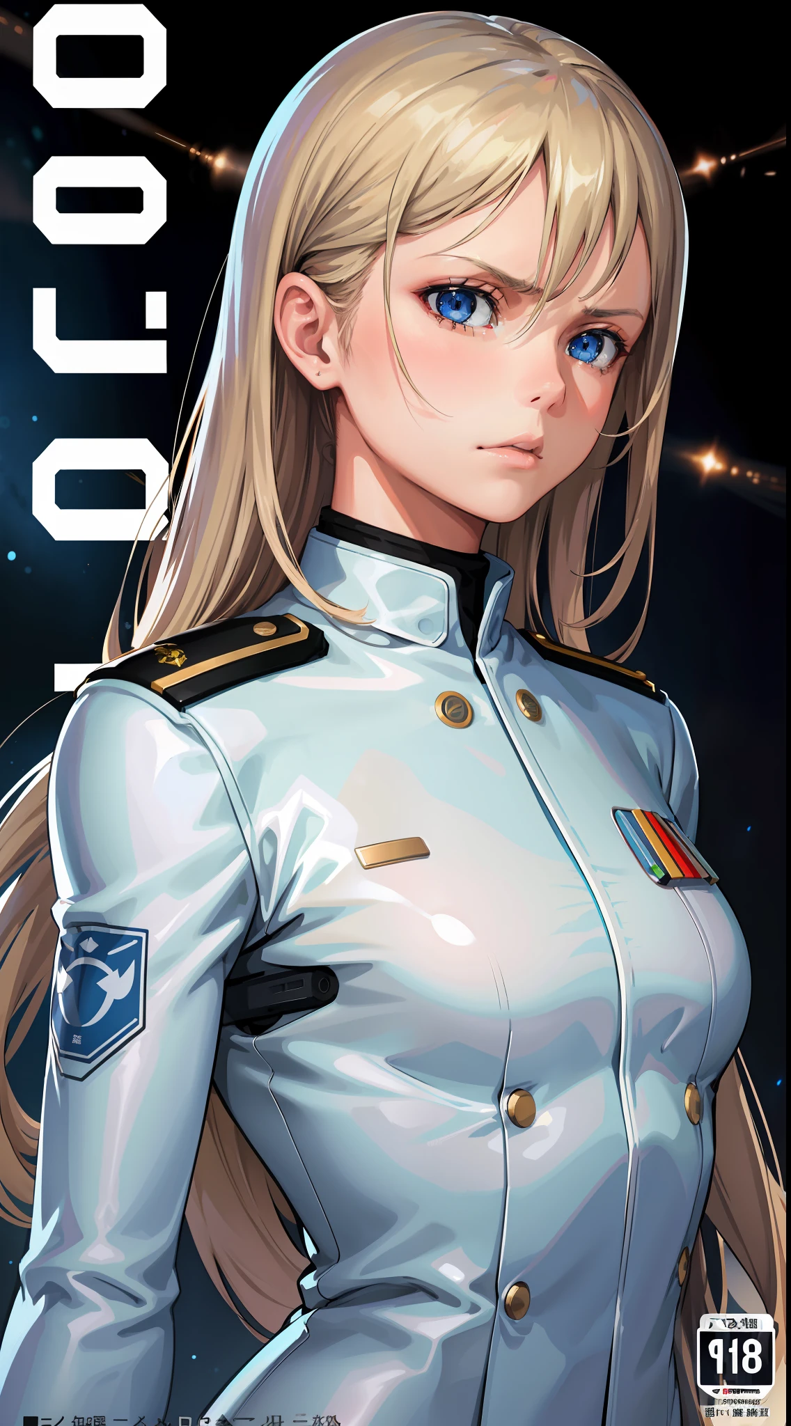Trailer Cover,Realistic,White Air Force Uniform,(Realistic Face Resolution),Posing Cinematic,Adult,Skinny,Small,(1 Woman with Dark Blonde Long Hair,Blue Eyes),Serious Face,Science Fiction,Sci-fi,Different Characters