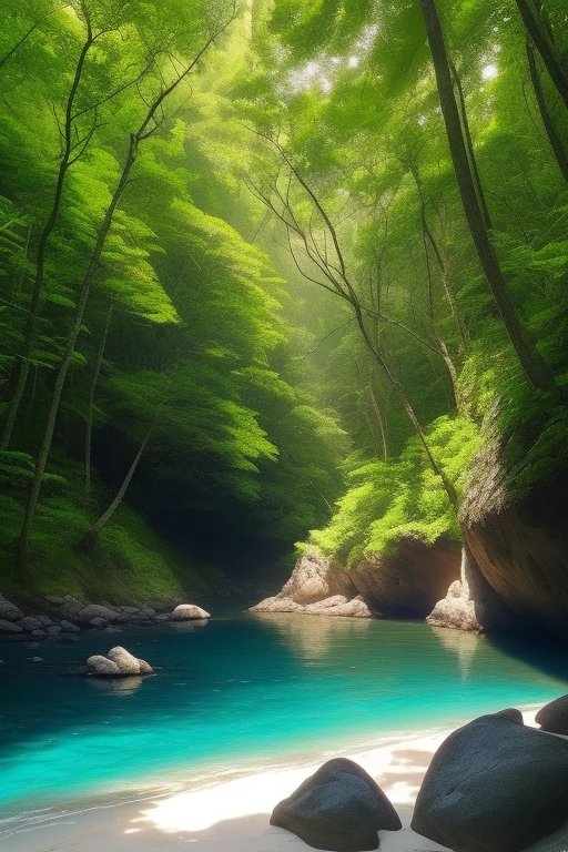 (A beach in the forest, hidden away),(best illumination, best shadow, an extremely delicate and beautiful),glistening, water reflecting, rocks, sun-kissed river, cool breeze.