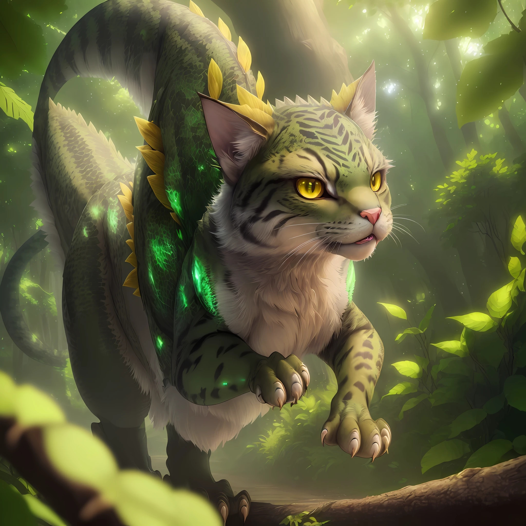(extremely detailed CG-Unity 8k wallpaper, masterpiece, best quality, female hybrid fantasy cat dinosaur creature),(best lit, best shaded, extremely delicate and beautiful), green background with leaves and trees, yellow eyes, big head, black fur, yellow scales