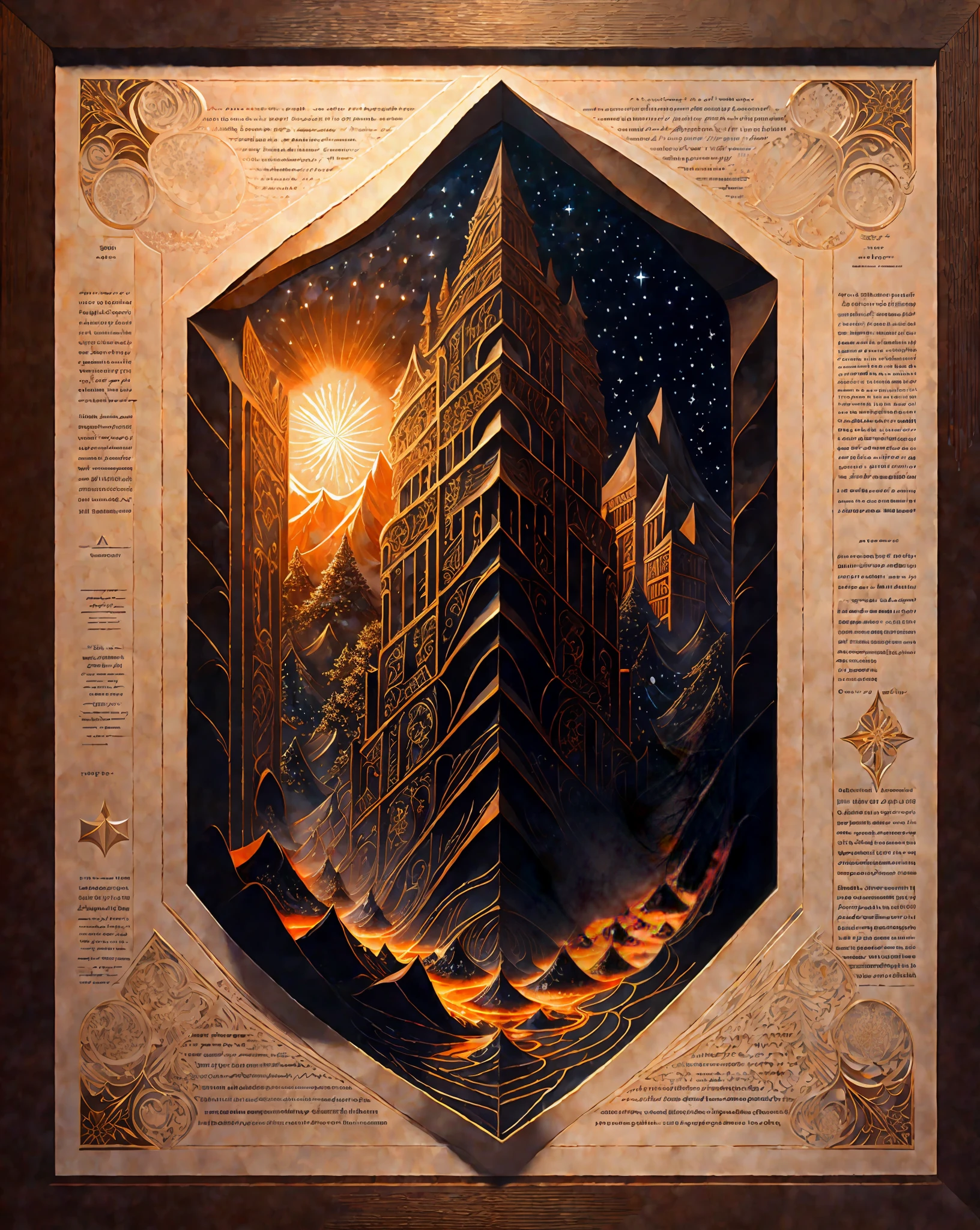 Black background, a sheet of parchment, paper filled with water and lava, intricate, masterpiece, expert, very detailed, 4k, composition, frame, center, symmetry, painting, intricate, volumetric lighting, beautiful, rich dark masterpiece, sharp focus, hyperdetail, in the style of Dan Mumford and Mark Simonetti, astrophotography
