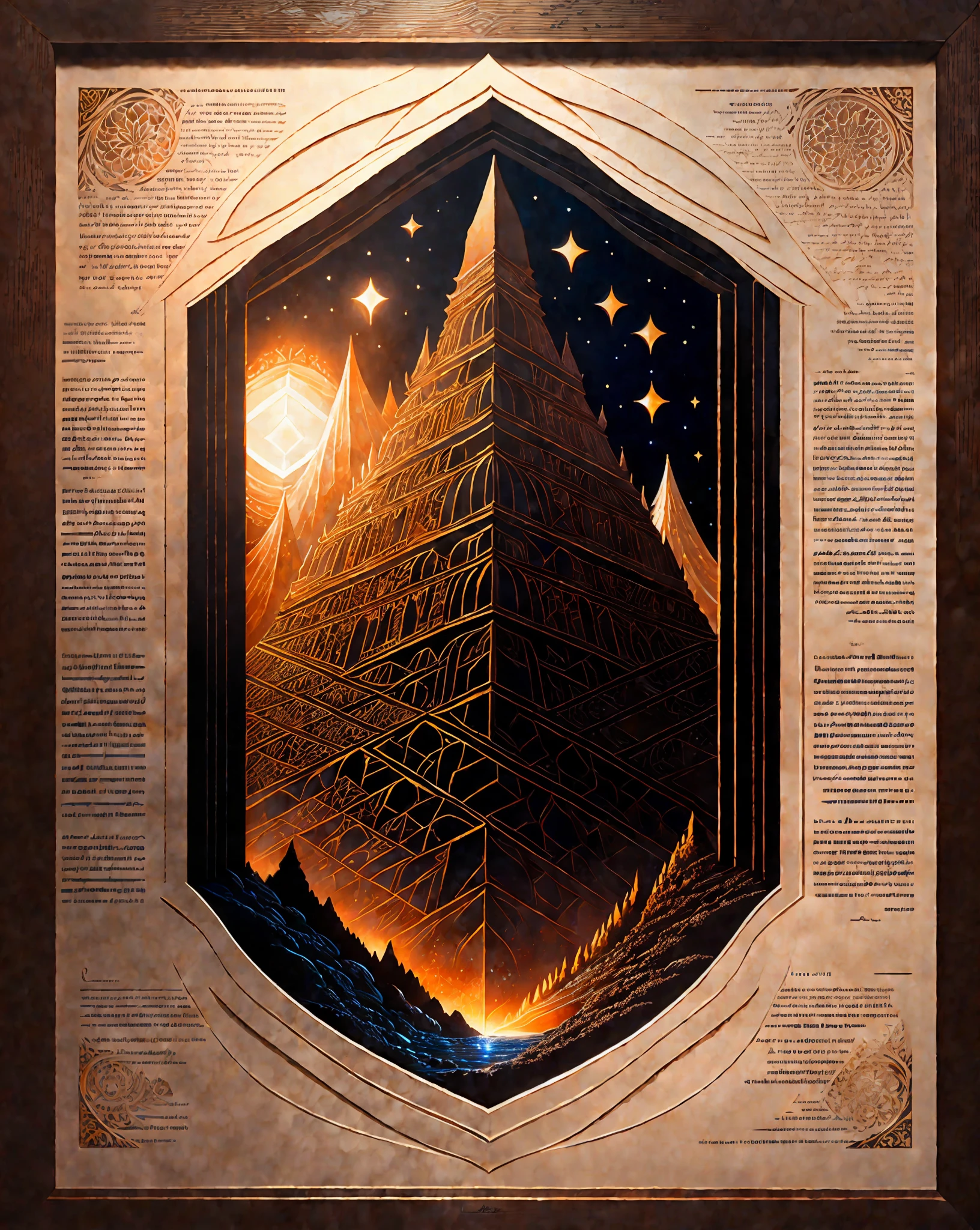 Black background, a sheet of parchment, paper filled with water and lava, intricate, masterpiece, expert, very detailed, 4k, composition, frame, center, symmetry, painting, intricate, volumetric lighting, beautiful, rich dark masterpiece, sharp focus, hyperdetail, in the style of Dan Mumford and Mark Simonetti, astrophotography