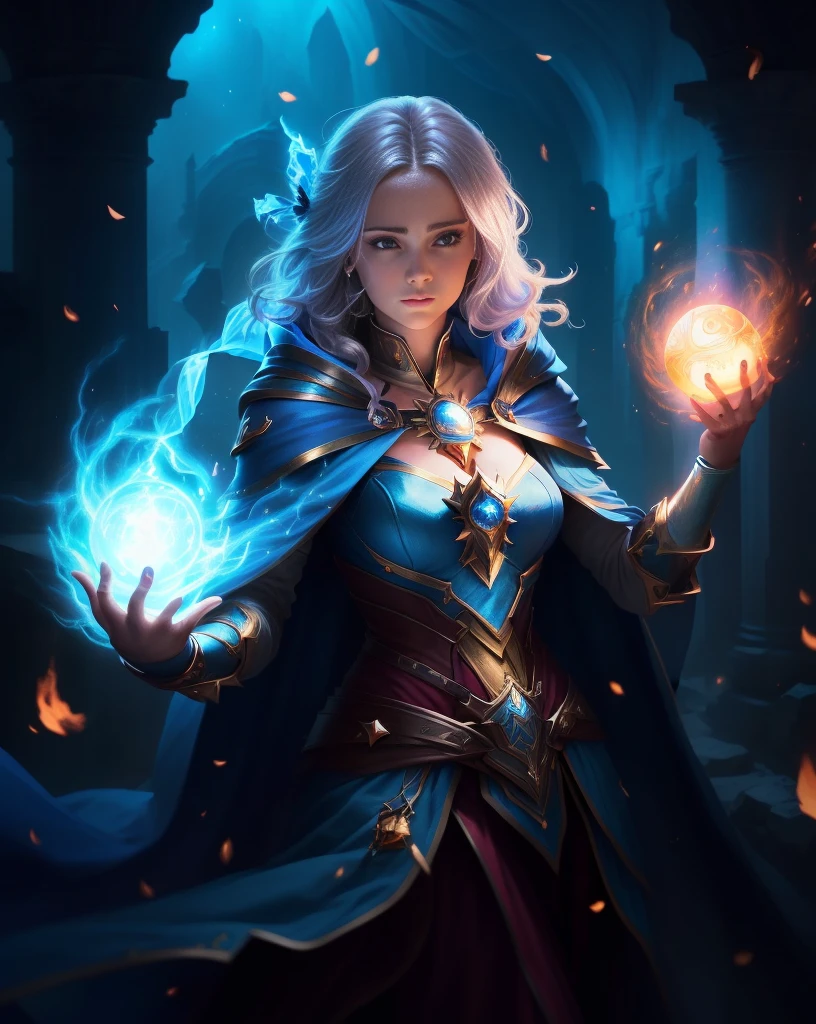 a woman with a blue cape holding a glowing ball, female mage, portrait of a female mage, female mage conjuring a spell, female mage!, epic mage girl character, mage, fantasy card game art, graphic artist magali villeneuve, portrait of a mage, sorceress, fantasy mage, beautiful sorceress, a beautiful sorceress
