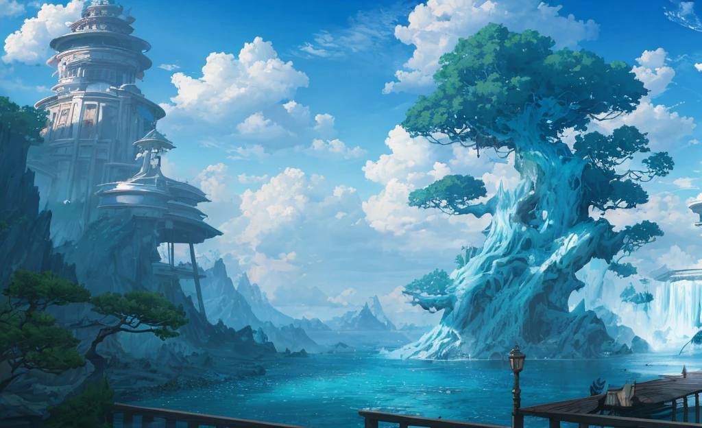 ConceptArt, nobody, landscape, water, sky, day, tree, cloud, waterfall, outdoors, architecture, nature, river, blue sky