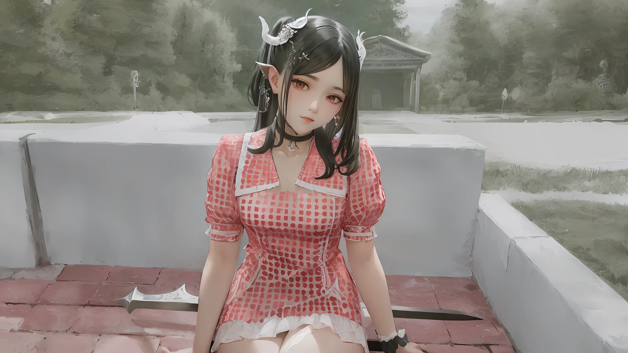 [monochrome:muted color:0.6] theme, (masterpiece), (best quality), (detailed), light layer, lustrous skin, (intricate detailed , taut clothes, , demon wings,hair ornament :1.2), from above, black hair, black choker, long hair, hime cut, blunt bangs, sidelocks, red eyes, holding quarterstaff,holding scythe,holding sword, (mature female:1.1), [uncensored, NSFW,, (lactation), side-ponytails BREAK (simple background:1.1),