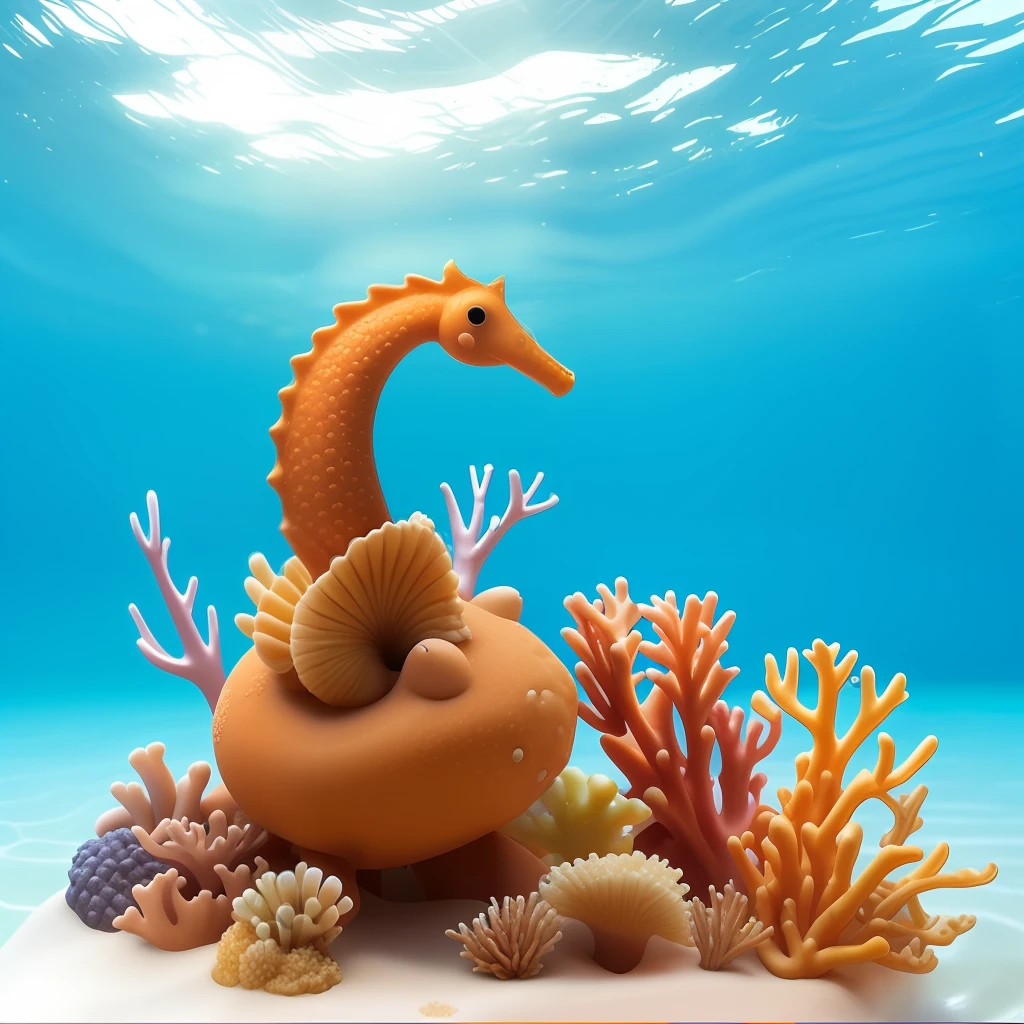 Seahorse-shaped ant nest, made of sand and coral, located under the sea, there are beautiful fish around