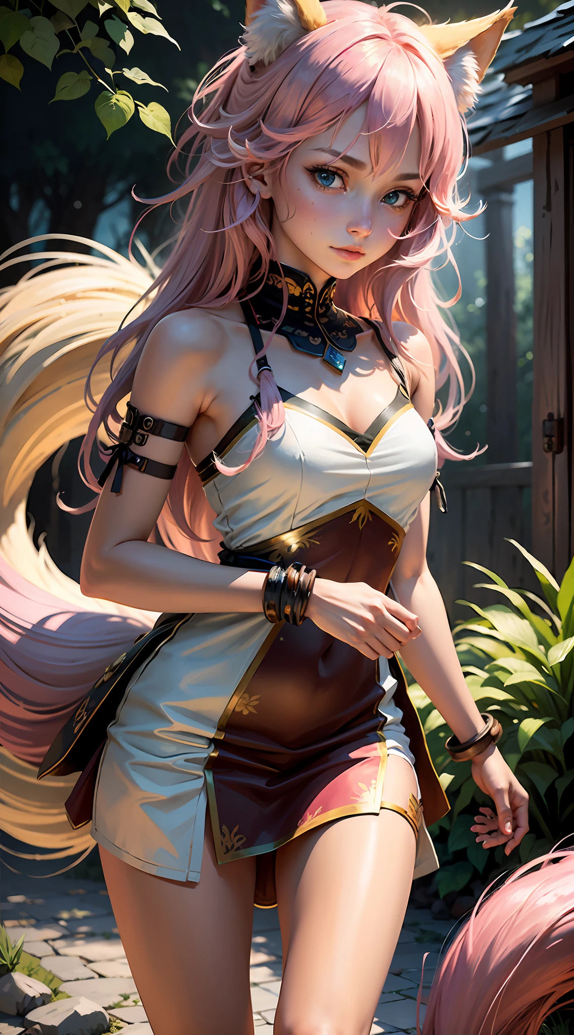 (Very detailed CG Unity 8k wallpaper: 1.5), < (Masterpiece: 1.5), (Best Quality: 1.7), High Resolution Illustration, (Fine Eyes and Detailed Face: 1.3), (Detail: 1.3, Best Quality), (Ultra Detail), (Extremely Delicate and Beautiful), (Illustration), (Painting), (Masterpiece: 1.5), Film Light, Dynamic Angle, Floating, Sharp Focus, (2D: 1.7), (Best Quality: 1.3), (Illustration: 1.1), Long Pink Hair, ((Messy Hair: 1.2), (Beautiful Detailed Eyes: 1.1), (Cinematic Light: 1.1), Indian Maiden, Miniskirt, Small Top, Bare Shoulders, Cat Ears, Nine-tailed Fox , fox tail, angel halo, standing beyond the earth
