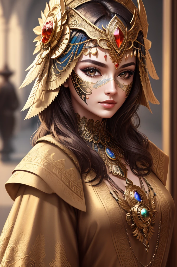 Close-up of feathered masked woman, ornate mask, intricate mask, intricate beautiful faces, ornate mask and fabrics, gorgeous digital art, Karol Buck UHD, beautiful digital artwork, highly detailed 4K digital art, stunning digital illustration, detailed mask, intricate facial patterns, detailed face with mask, stunning digital art, stunning 8k artwork, (masterpiece:1.4) (best Quality:1.4) (8k) (HDR) (wallpaper) (cinematic lighting) (realistic) (sharp focus)