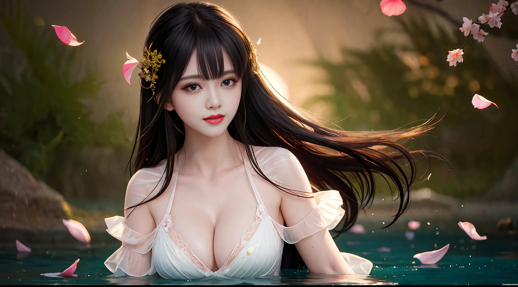 Black hair, long hair, upper body, standing in the water, split bangs, modern, surrealism, cinematic lighting, chiaroscuro, masterpiece, textured skin, high resolution, high quality, high detail, beautiful face, pronounced cleavage, translucent clothes, falling petals, smile