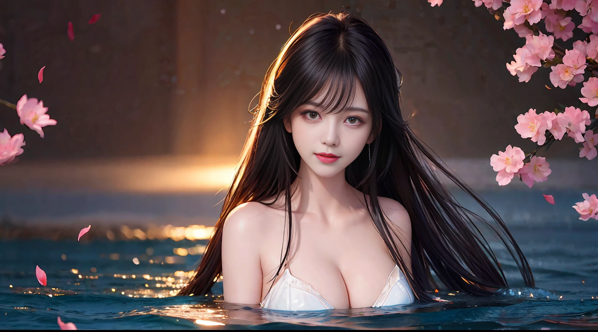 Black hair, long hair, upper body, standing in the water, split bangs, modern, surrealism, cinematic lighting, chiaroscuro, masterpiece, textured skin, high resolution, high quality, high detail, beautiful face, pronounced cleavage, translucent clothes, falling petals, smile