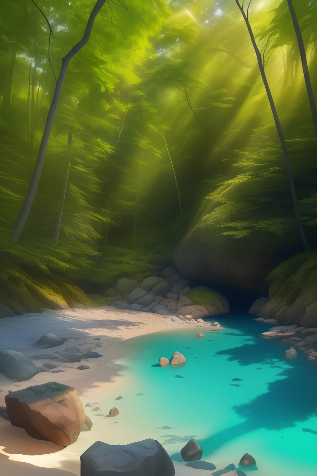 (A beach in the forest, hidden away),(best illumination, best shadow, an extremely delicate and beautiful),glistening, water reflecting, rocks, sun-kissed river, cool breeze.