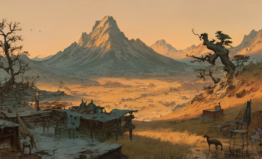 ConceptArt, poems, night scenes, poverty, watercolors, splashed ink, masterpieces, poverty, mystery, pen and ink, dawn, some books and four treasures desk, desolate mountains, trees and grasslands lack vitality, a bird