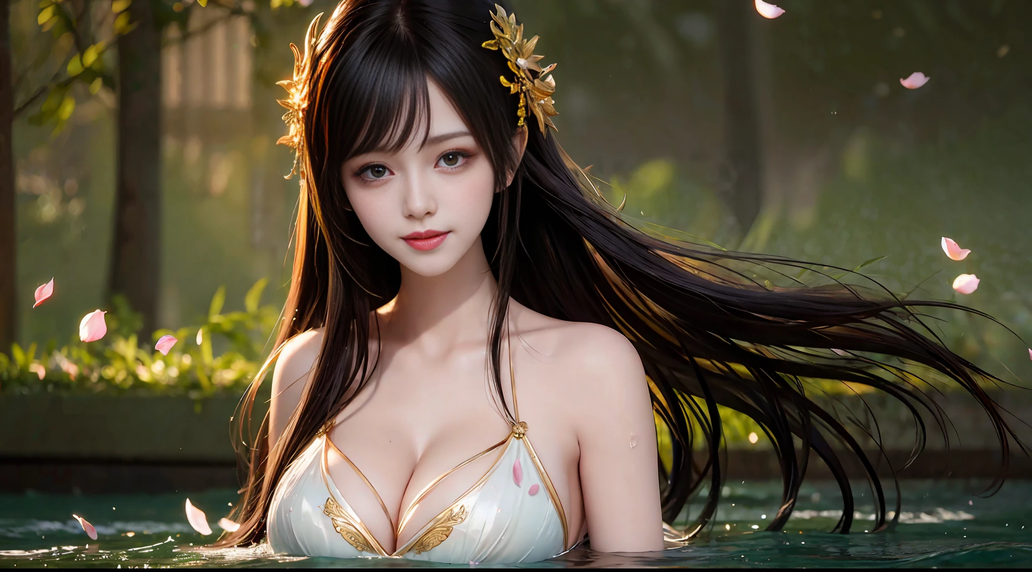 Black hair, long hair, upper body, standing in the water, split bangs, modern, surrealism, cinematic lighting, chiaroscuro, masterpiece, textured skin, high resolution, high quality, high detail, beautiful face, pronounced cleavage, translucent clothes, falling petals, smile