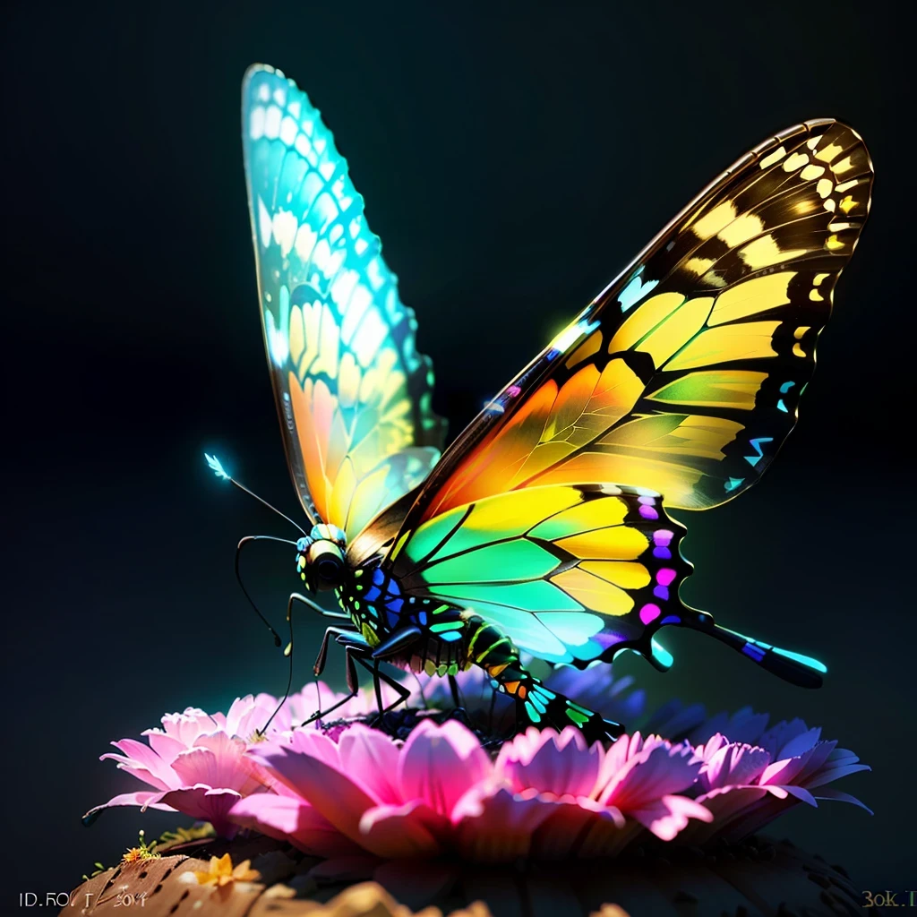 glowing butterfly sitting on an anthill, detailed, around a drop, statue, in 3D