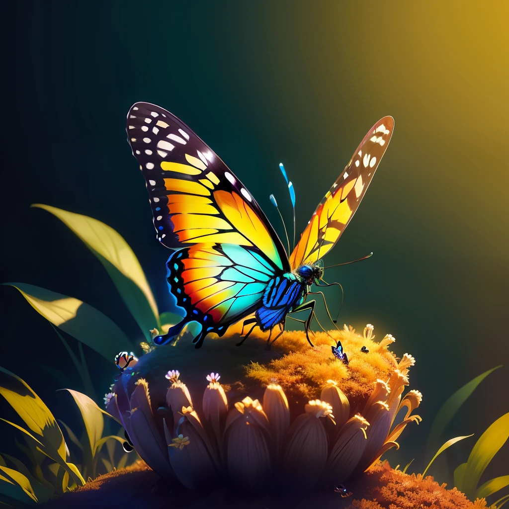 Glowing butterfly sitting on an anthill, detailed, around a drop, statue