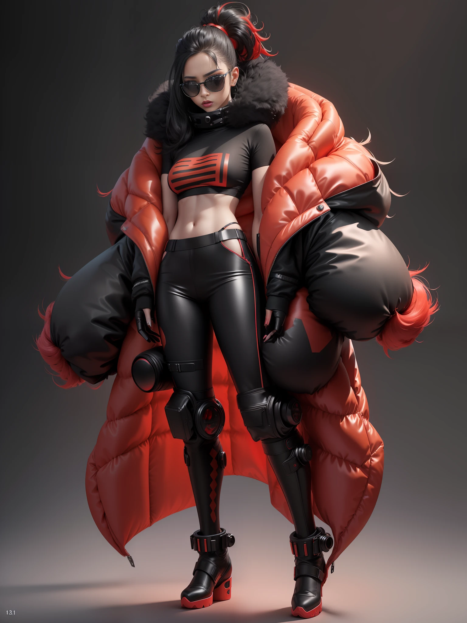 A stylish single person full of bubbles fluffy winter down jacket design space background cyberpunk ((black red: 1.3) + (fashion: 1.1) + (trendy: 1.2)), (corona rendering), ((space winter down jacket concept + concept art design): 1.3), (8K: 1.3), (2:3 aspect ratio + warm color Q2), (750 pixels), ((fashion elements) :(1.1 + black and red T-shirt blended with fashion elements)), (dynamic: 5)
