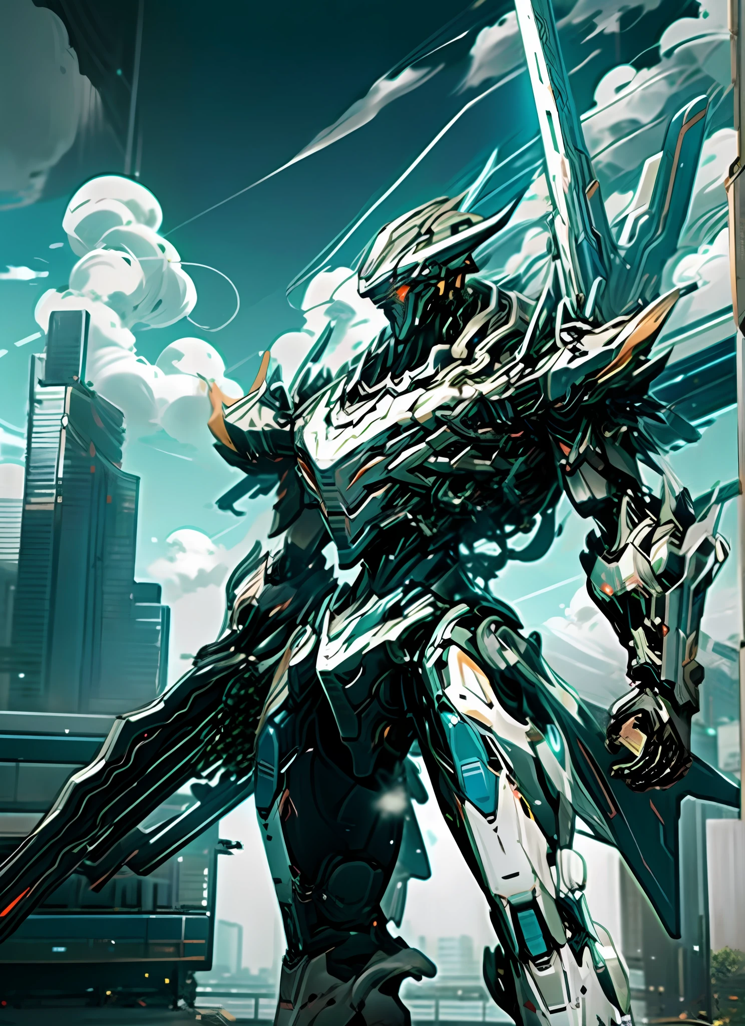 sky, cloud, holding_weapon, no_humans, glowing, , robot, building, glowing_eyes, mecha, science_fiction, city, realistic,mecha