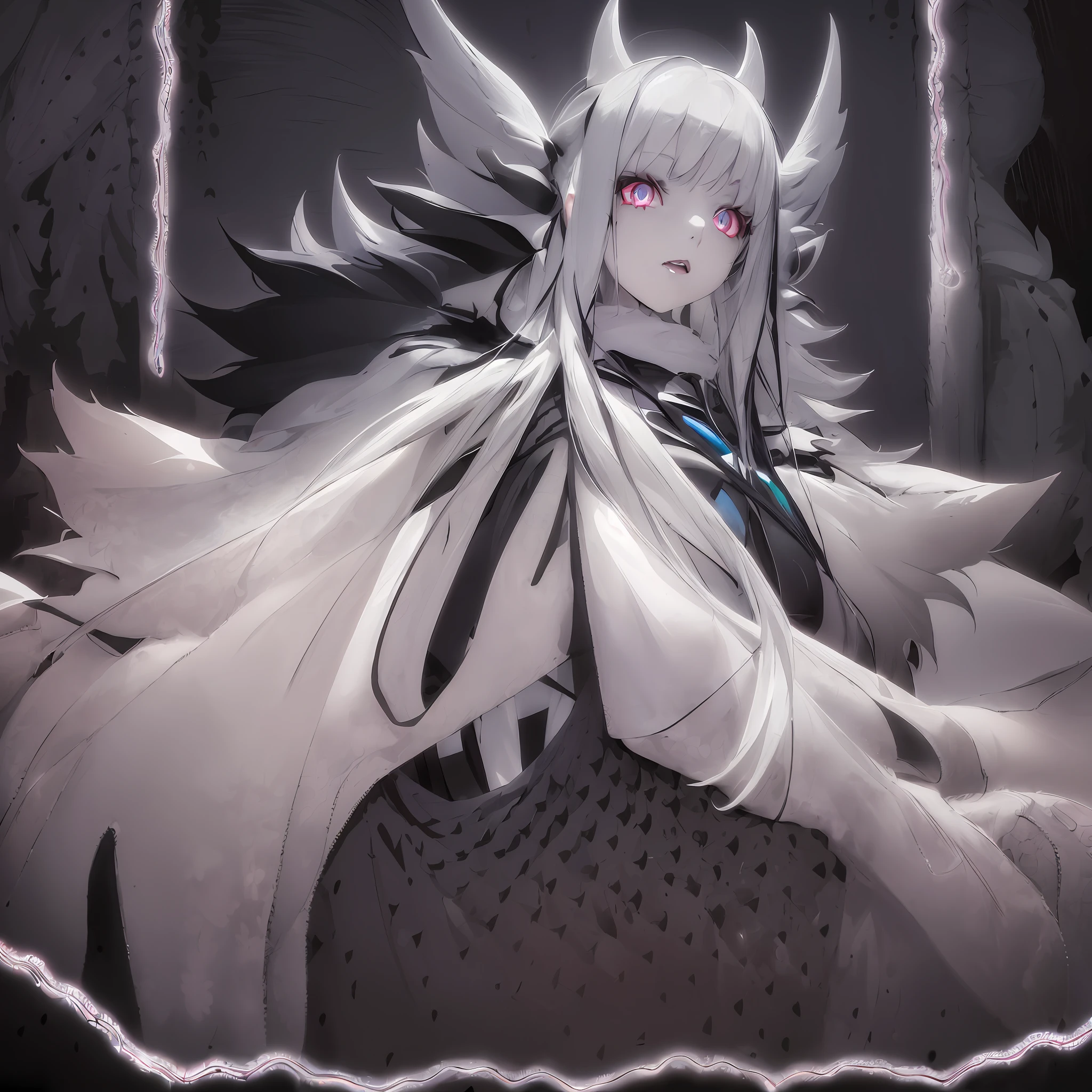 anime girl with long white hair and black cape in a dark room, white haired deity, gothic maiden anime girl, demon anime girl, villainess has black angel wings, white haired, guweiz on pixiv artstation, best anime 4k konachan wallpaper, anime girl wearing a black dress, white-haired, girl with white hair