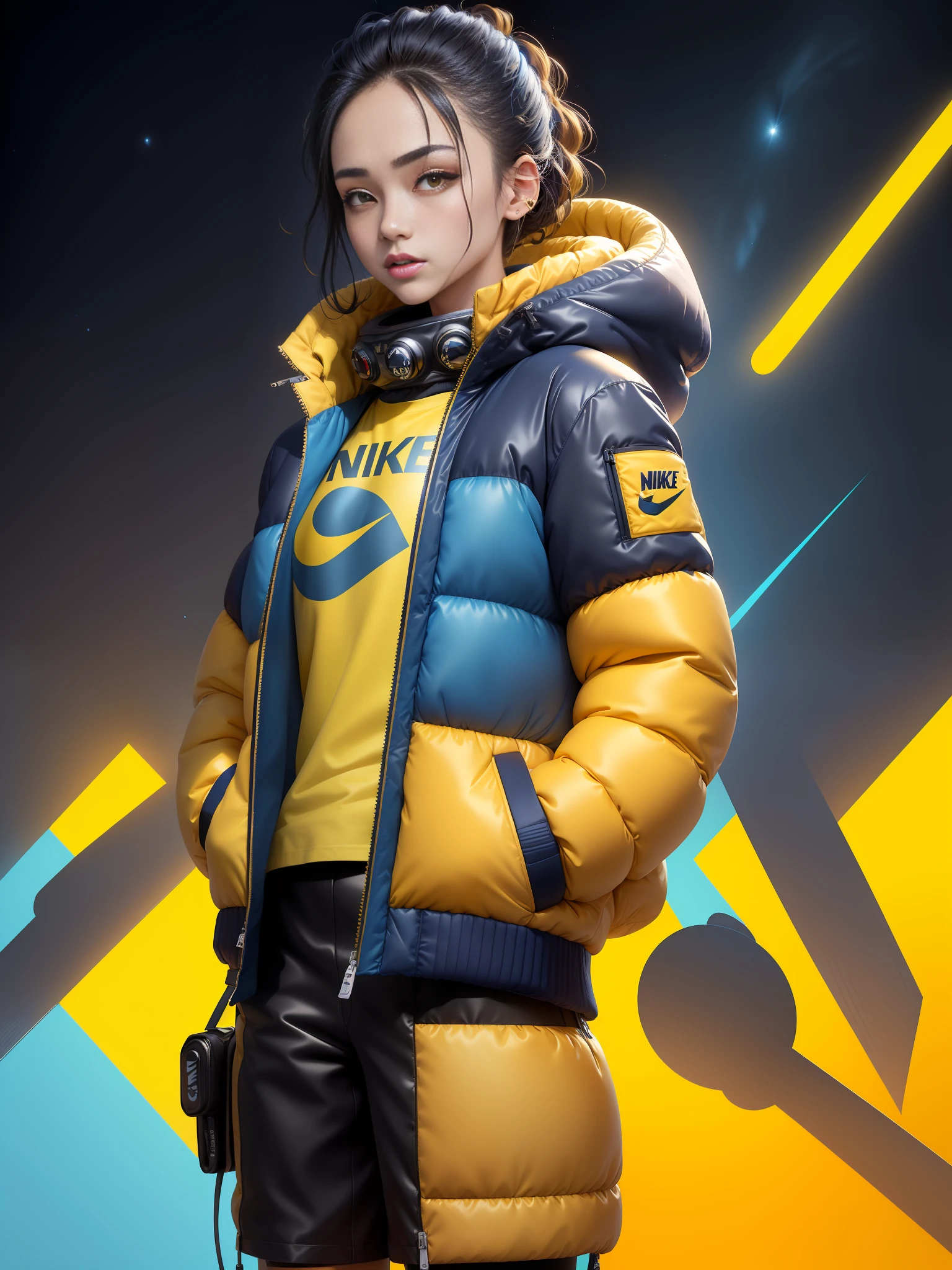 A stylish one-man design space background full of bubbly fluffy spring and autumn jacket space background Cyberpunk ((yellow sea blue: 1.3) + (fashion: 1.1) + (trendy: 1.2)), (nike logo), (corona rendering), ((space winter down jacket concept + concept art design): 1.3), (8K: 1.3), (2:3 aspect ratio + warm color Q2), (750 pixels), ((fashion elements) :( 1.1+ Yellow navy blue T-shirt blends with fashion elements)), (Dynamics: 5)