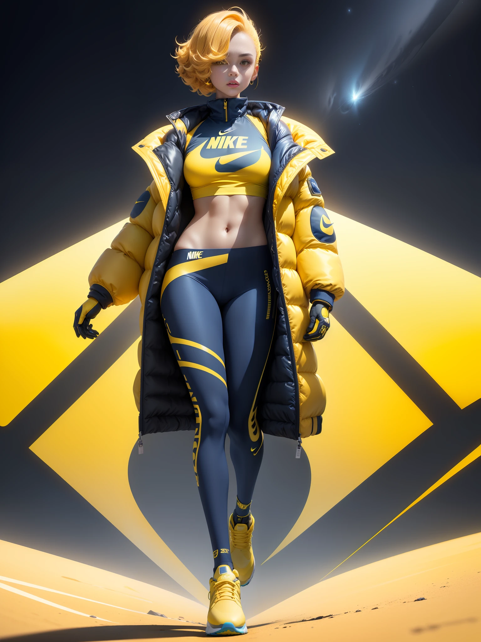 A stylish one-man design space background full of bubbly fluffy spring and autumn jacket space background Cyberpunk ((yellow sea blue: 1.3) + (fashion: 1.1) + (trendy: 1.2)), (nike logo), (corona rendering), ((space winter down jacket concept + concept art design): 1.3), (8K: 1.3), (2:3 aspect ratio + warm color Q2), (750 pixels), ((fashion elements) :( 1.1+ Yellow navy blue T-shirt blends with fashion elements)), (Dynamics: 5)