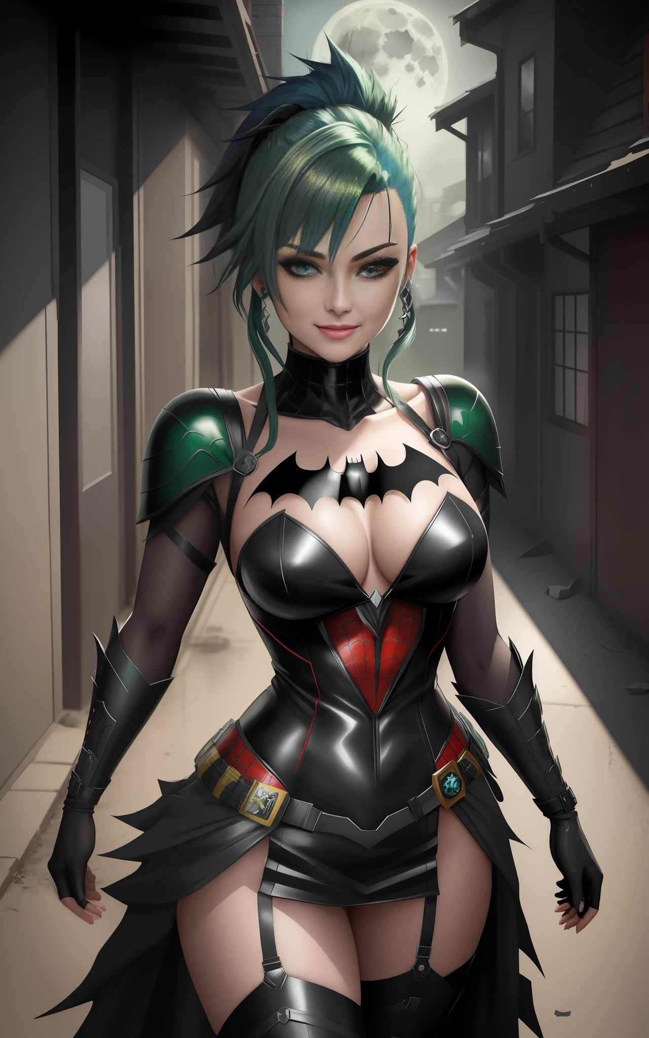 She's wearing maid/Batman/Spider-Man/Kamen Rider costume, the costume is black with blank parts/built-in weapons, several thugs are watching her inside the houses that are inside the dark alley she's in/night/full moon, she's completely attentive, looking at the viewer, smiling, costume/face/full of blood,  1woman/mohawk green hair/blue eyes, Anime Style, Max masterpiece/resolution/quality/detail/sharpness, well designed, extremely beautiful, professional drawing.